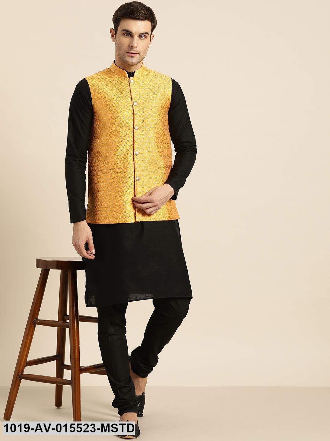 Men's Silk Blend Mustard & Gold Self Design Nehru Jacket