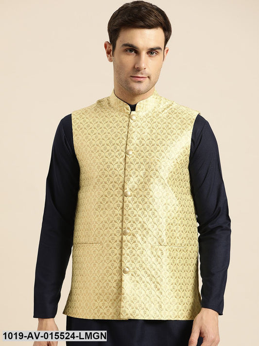 Men's Silk Blend Lime Green & Gold Self Design Nehru Jacket