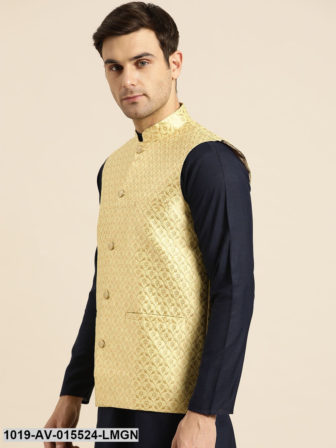 Men's Silk Blend Lime Green & Gold Self Design Nehru Jacket