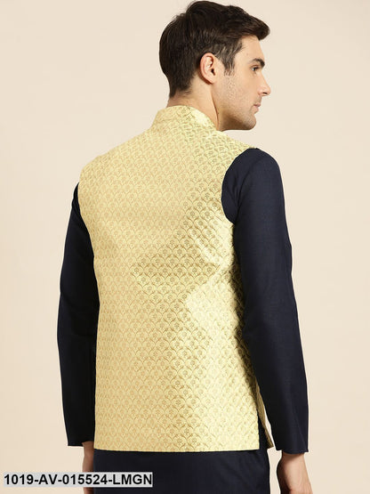 Men's Silk Blend Lime Green & Gold Self Design Nehru Jacket