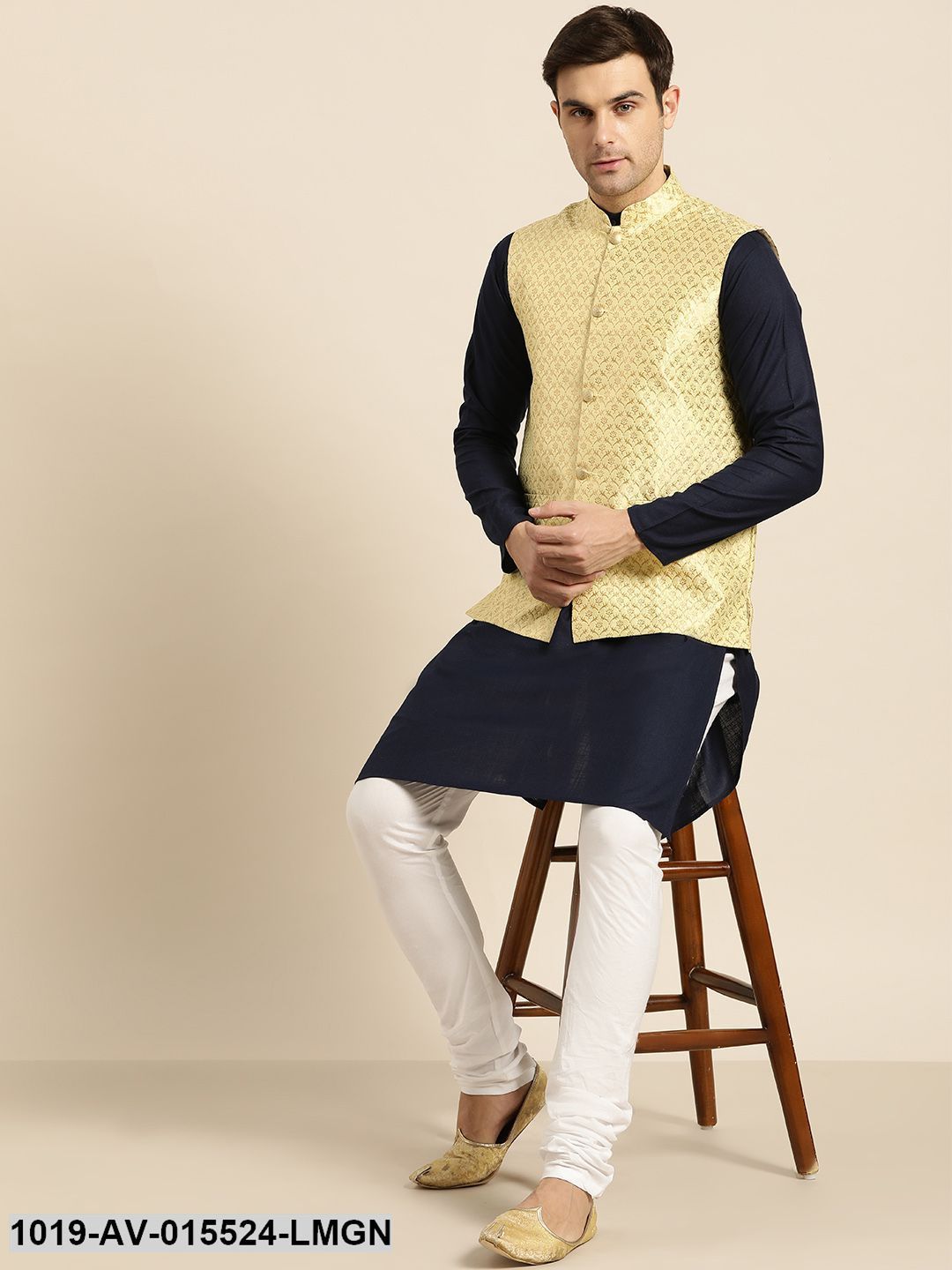 Men's Silk Blend Lime Green & Gold Self Design Nehru Jacket