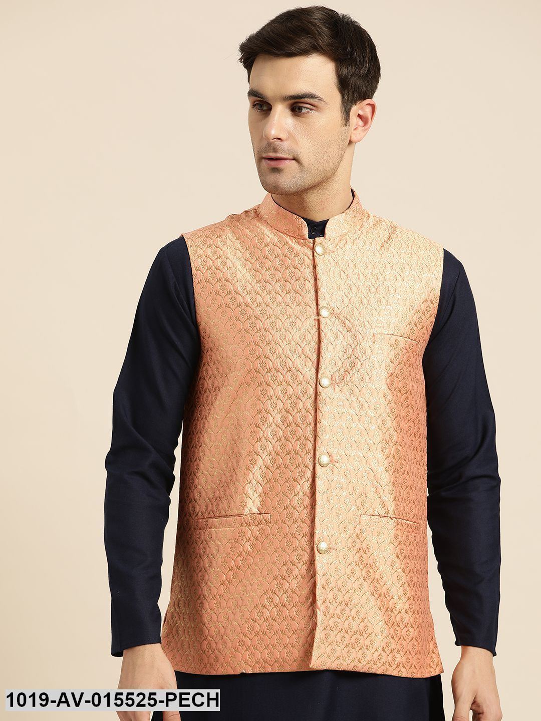 Men's Silk Blend Peach & Gold Self Design Nehru Jacket