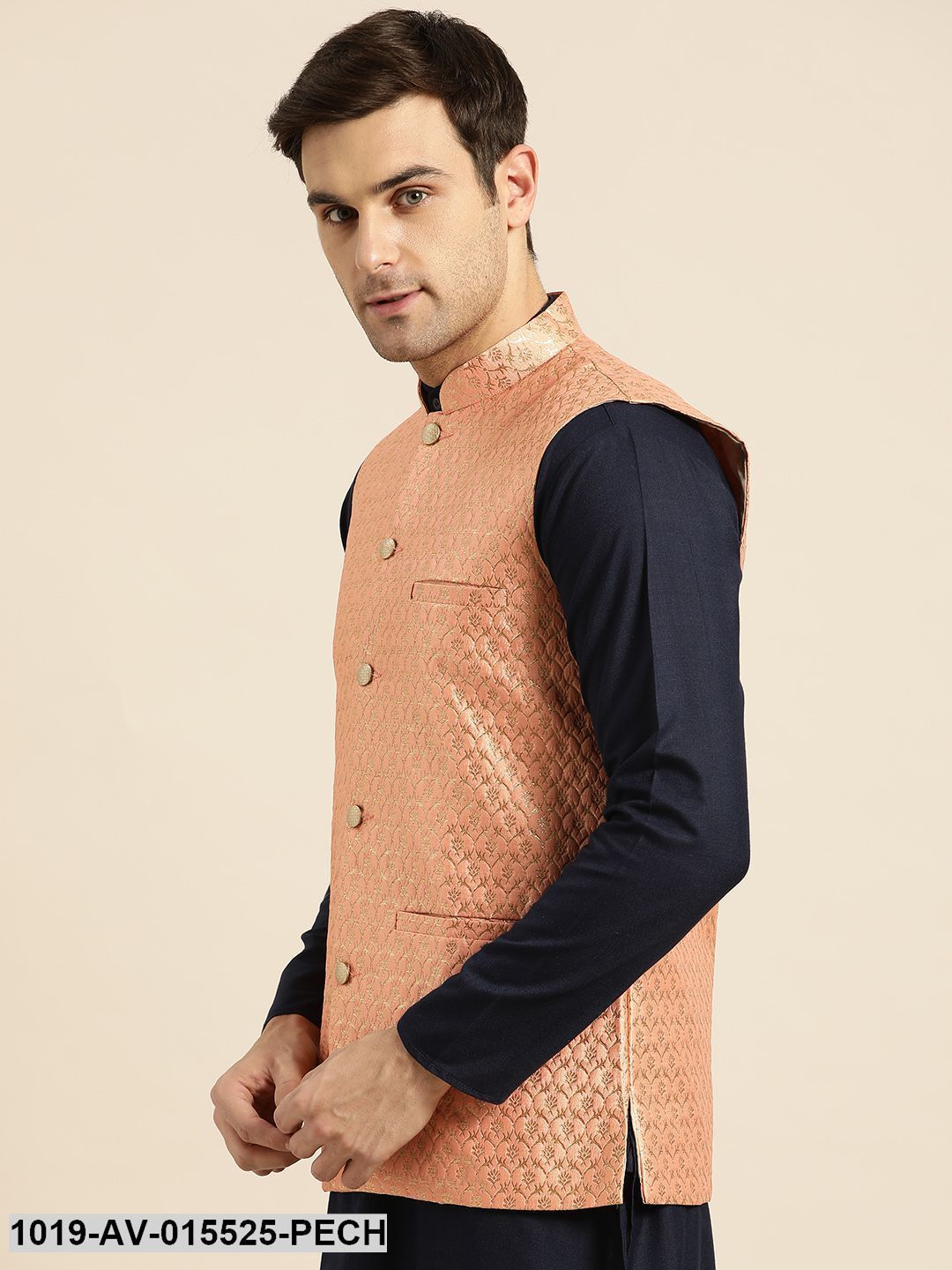 Men's Silk Blend Peach & Gold Self Design Nehru Jacket