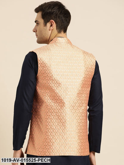 Men's Silk Blend Peach & Gold Self Design Nehru Jacket