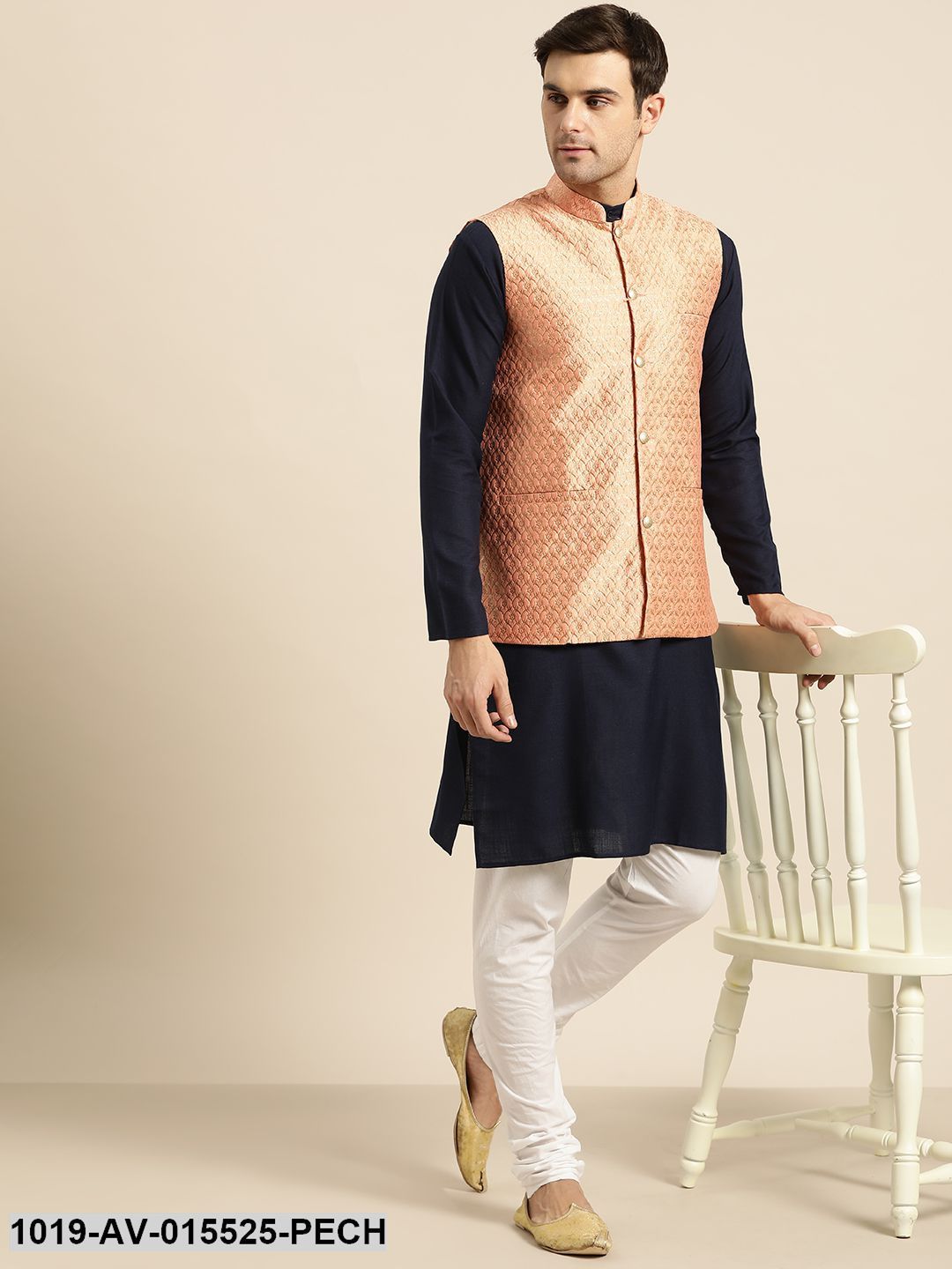 Men's Silk Blend Peach & Gold Self Design Nehru Jacket