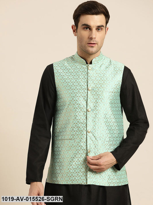 Men's Silk Blend Sea Green & Gold Self Design Nehru Jacket