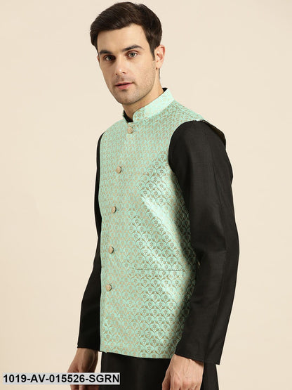 Men's Silk Blend Sea Green & Gold Self Design Nehru Jacket