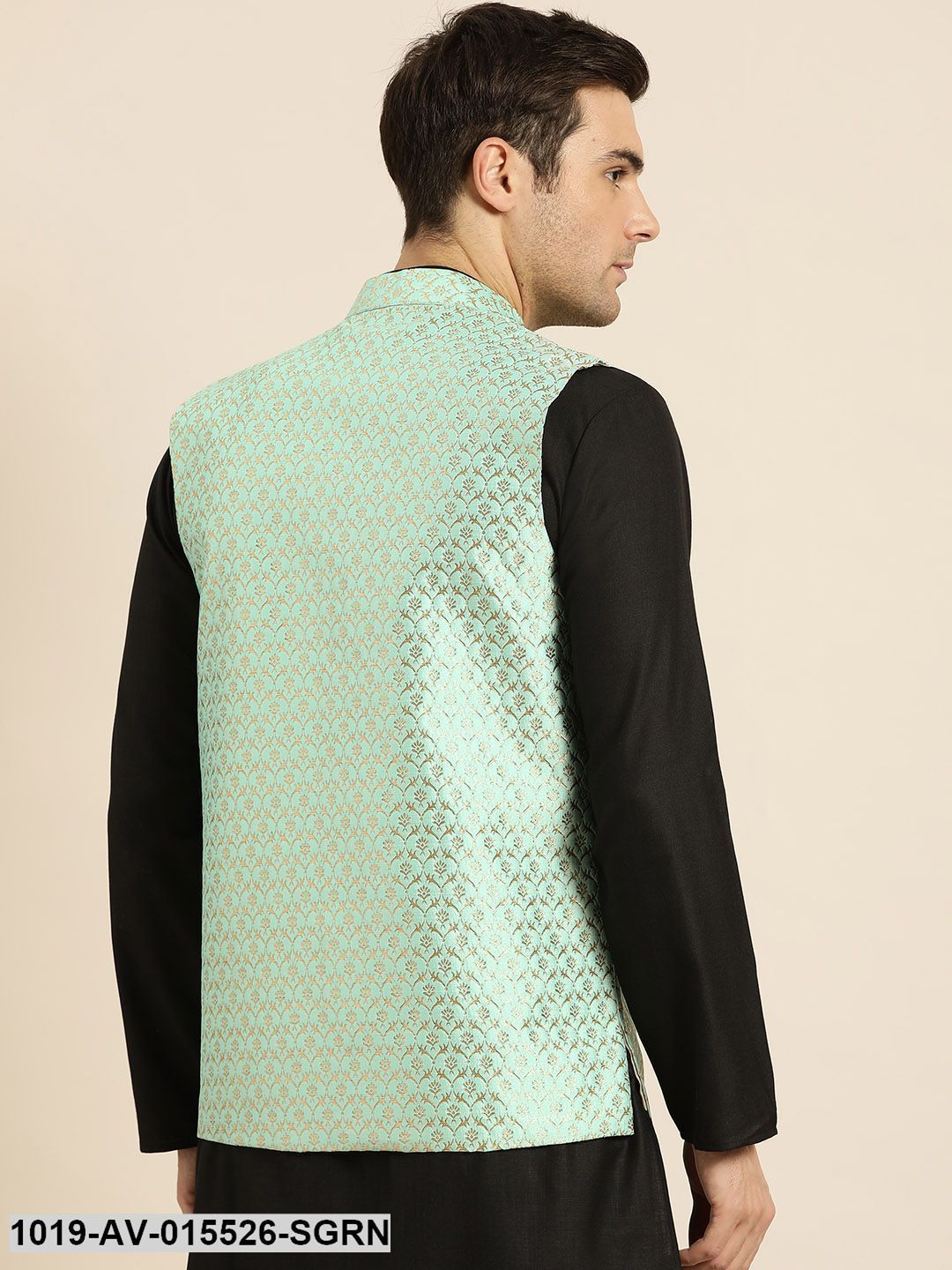 Men's Silk Blend Sea Green & Gold Self Design Nehru Jacket