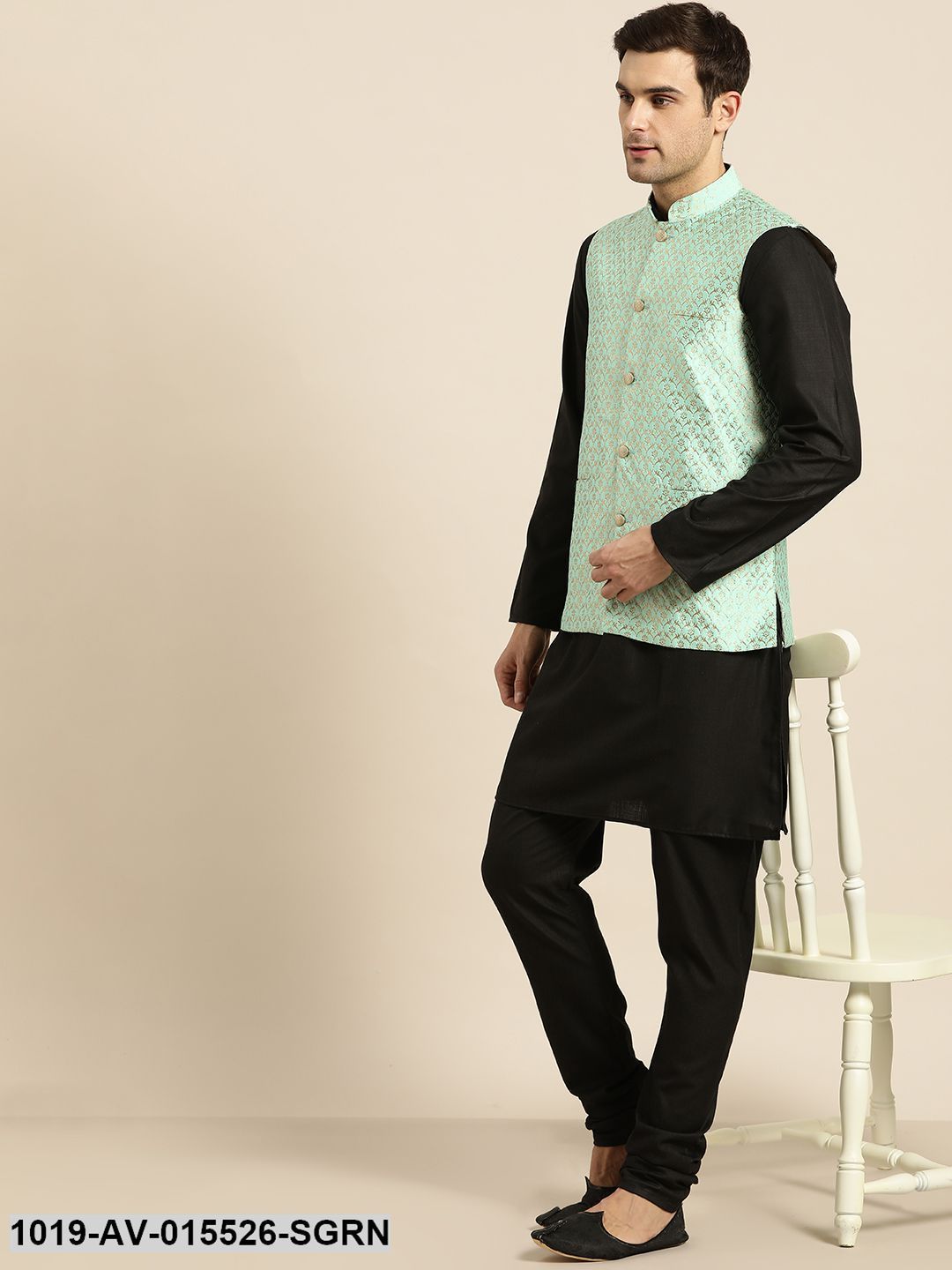 Men's Silk Blend Sea Green & Gold Self Design Nehru Jacket