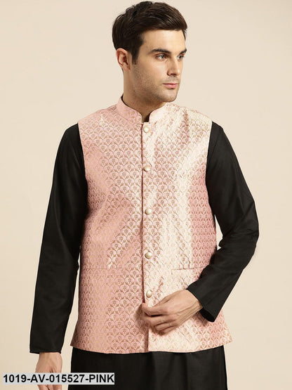 Men's Silk Blend Light Pink & Gold Self Design Nehru Jacket