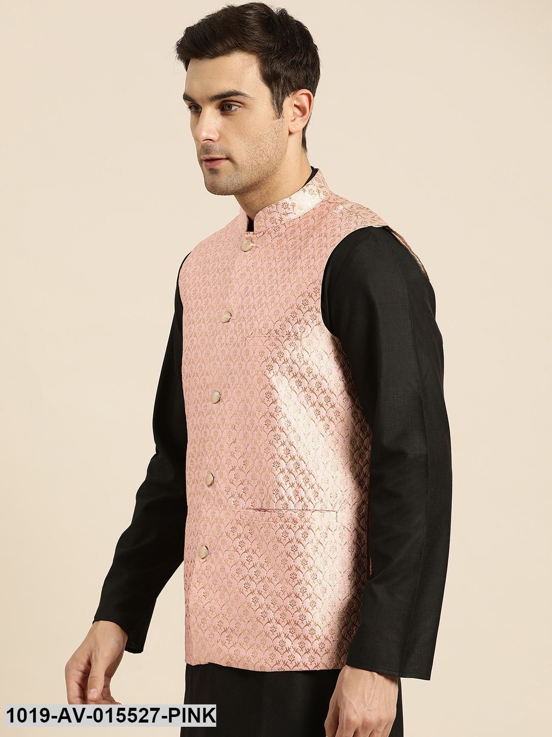 Men's Silk Blend Light Pink & Gold Self Design Nehru Jacket