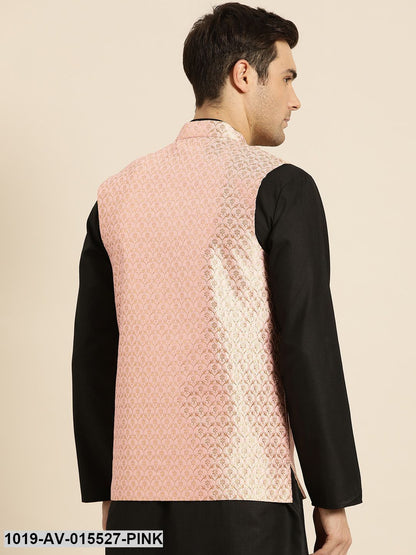 Men's Silk Blend Light Pink & Gold Self Design Nehru Jacket