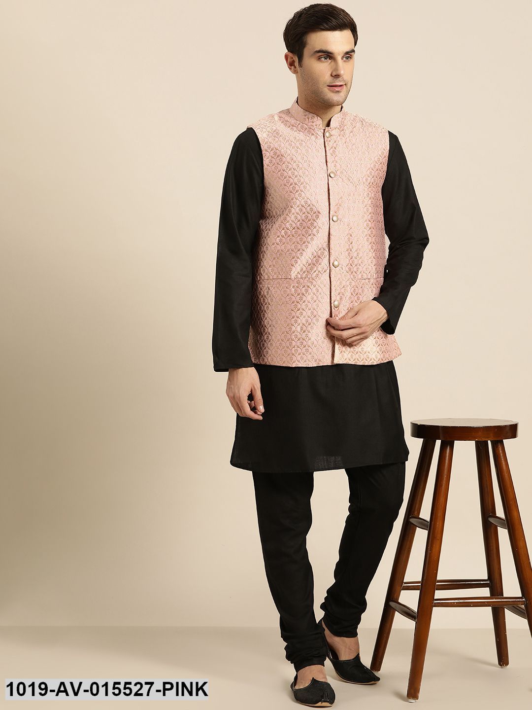 Men's Silk Blend Light Pink & Gold Self Design Nehru Jacket