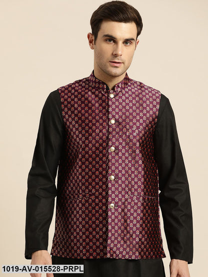 Men's Silk Blend Wine & Multi Color Self Design Nehru Jacket