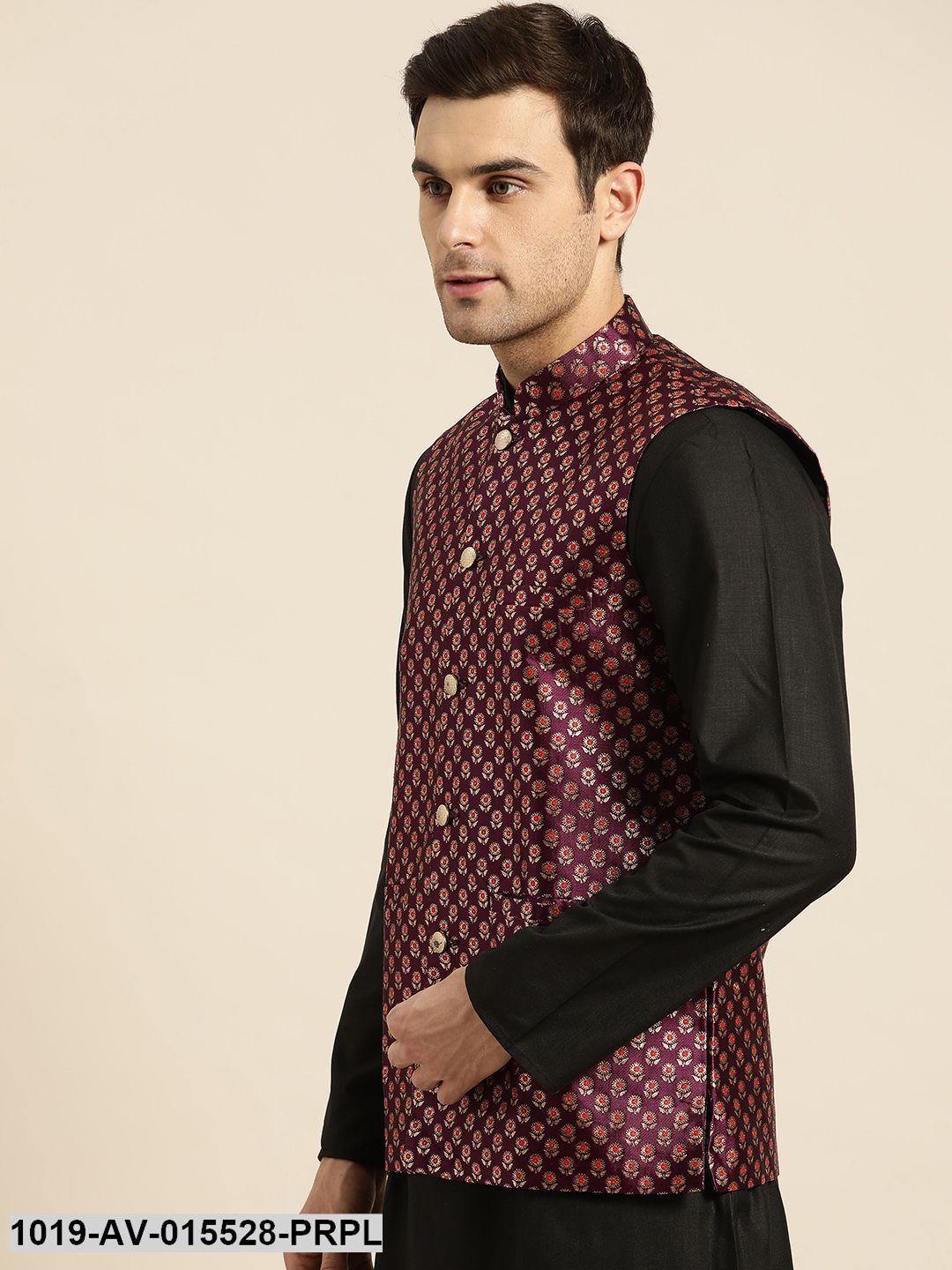 Men's Silk Blend Wine & Multi Color Self Design Nehru Jacket