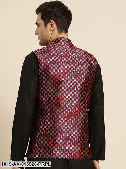 Men's Silk Blend Wine & Multi Color Self Design Nehru Jacket