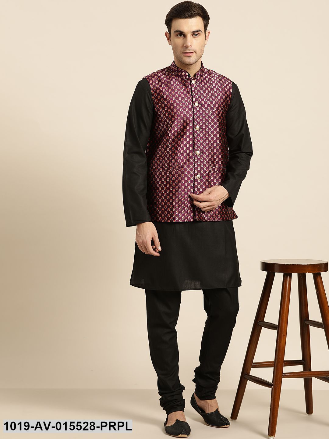 Men's Silk Blend Wine & Multi Color Self Design Nehru Jacket