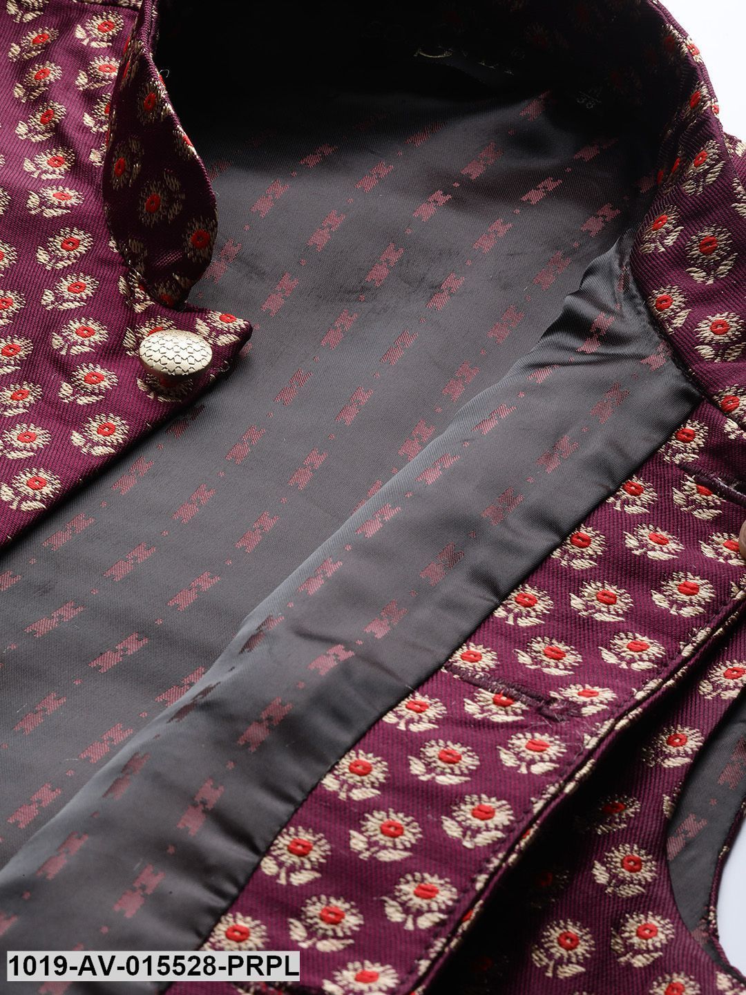 Men's Silk Blend Wine & Multi Color Self Design Nehru Jacket