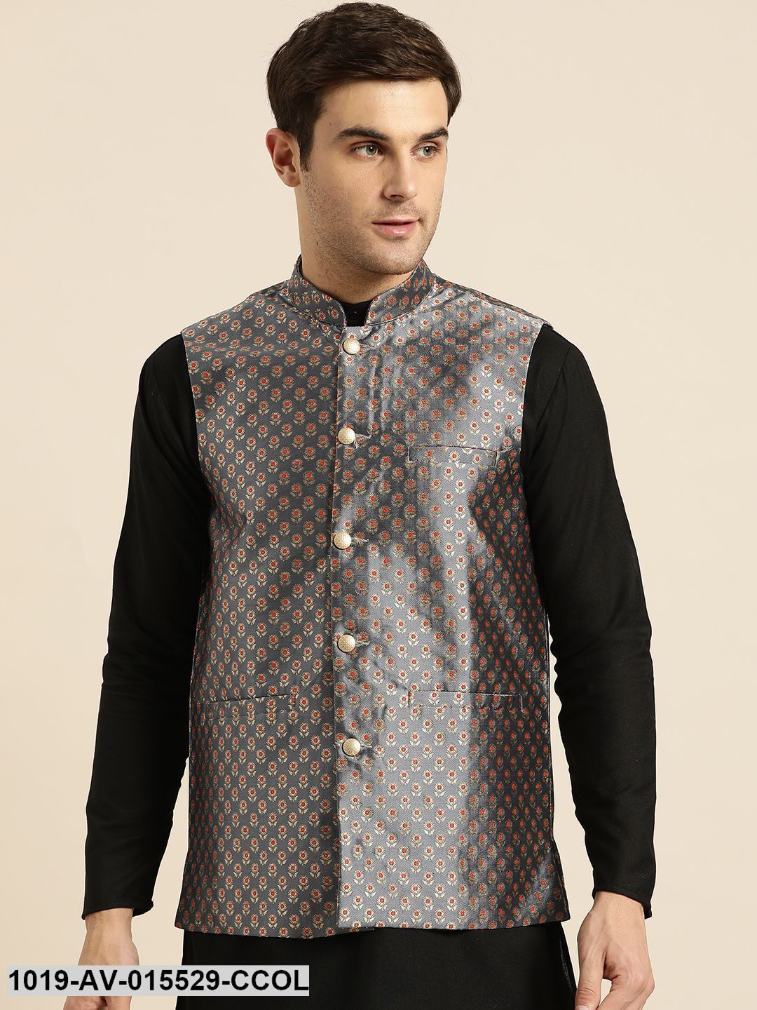 Men's Silk Blend Charcoal Grey & Multi Color Self Design Nehru Jacket