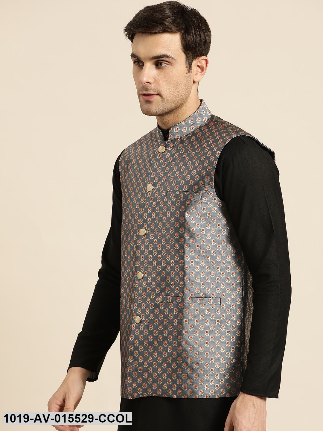 Men's Silk Blend Charcoal Grey & Multi Color Self Design Nehru Jacket