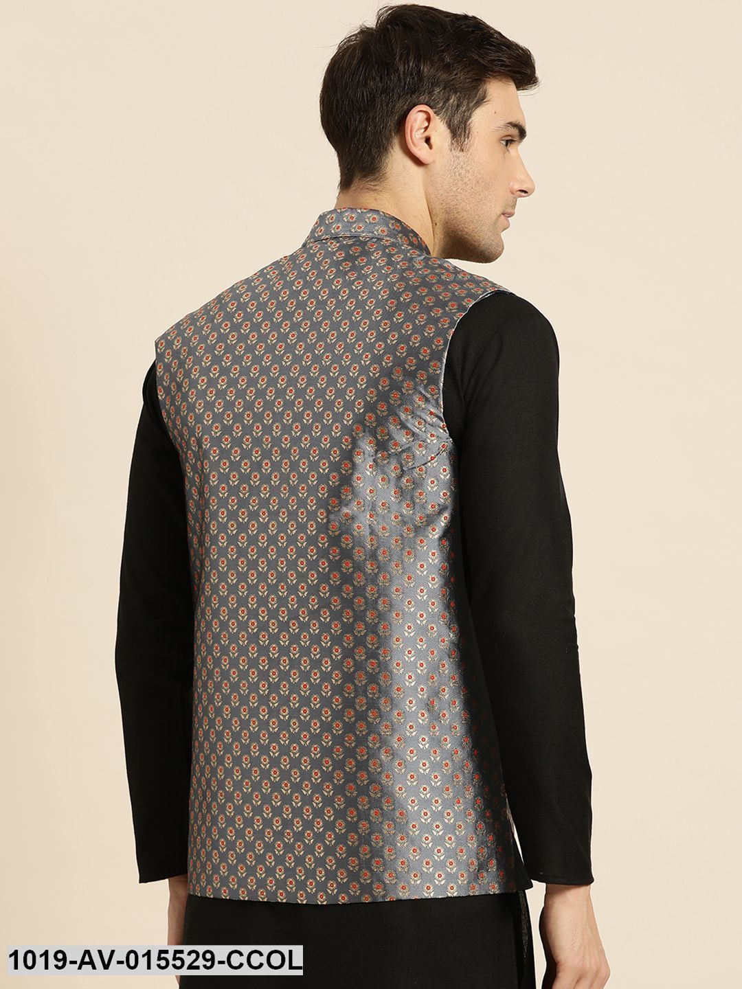 Men's Silk Blend Charcoal Grey & Multi Color Self Design Nehru Jacket