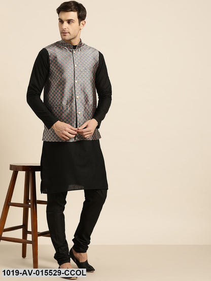 Men's Silk Blend Charcoal Grey & Multi Color Self Design Nehru Jacket