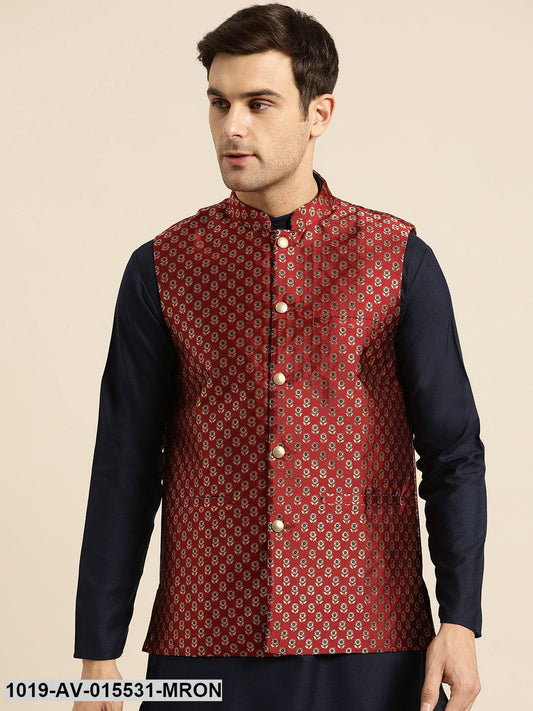 Men's Silk Blend Maroon & Multi Color Self Design Nehru Jacket