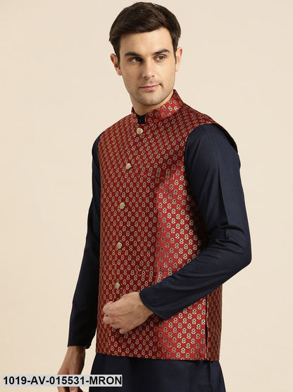 Men's Silk Blend Maroon & Multi Color Self Design Nehru Jacket