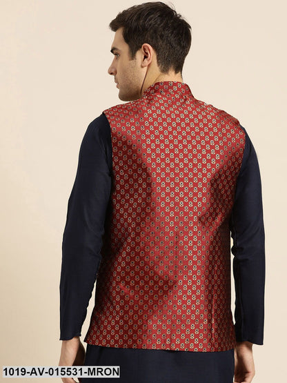 Men's Silk Blend Maroon & Multi Color Self Design Nehru Jacket