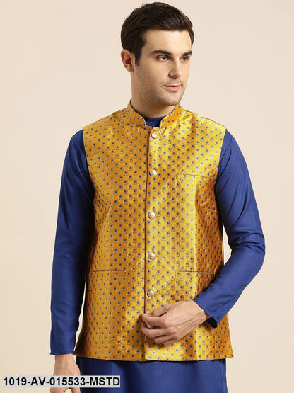 Men's Silk Blend Mustard & Multi Color Self Design Nehru Jacket