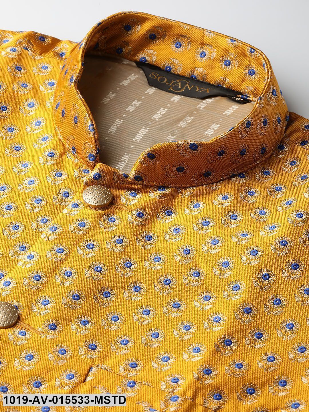 Men's Silk Blend Mustard & Multi Color Self Design Nehru Jacket