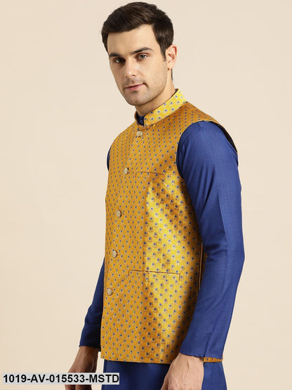 Men's Silk Blend Mustard & Multi Color Self Design Nehru Jacket