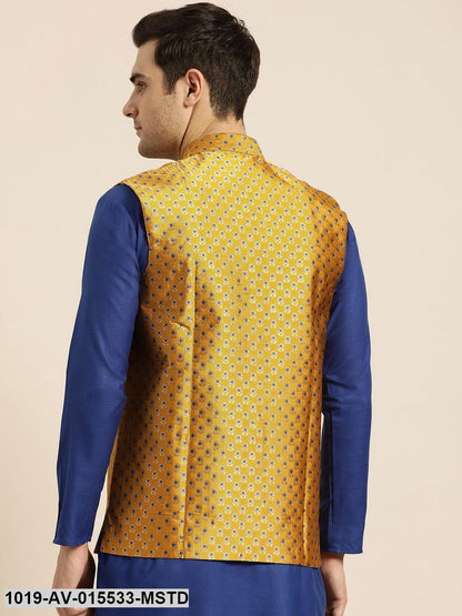 Men's Silk Blend Mustard & Multi Color Self Design Nehru Jacket