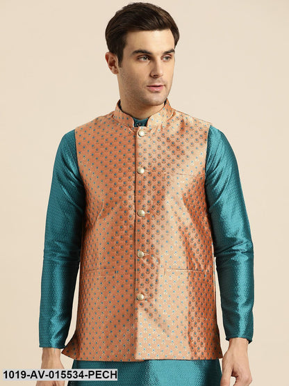 Men's Silk Blend Peach & Multi Color Self Design Nehru Jacket