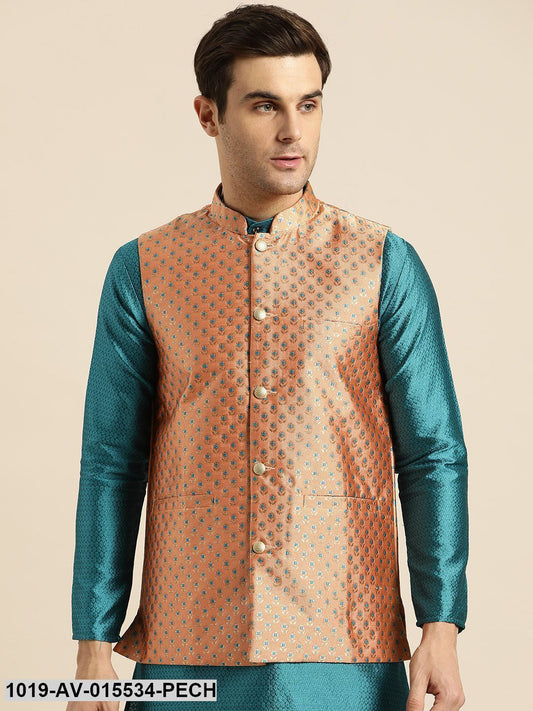 Men's Silk Blend Peach & Multi Color Self Design Nehru Jacket