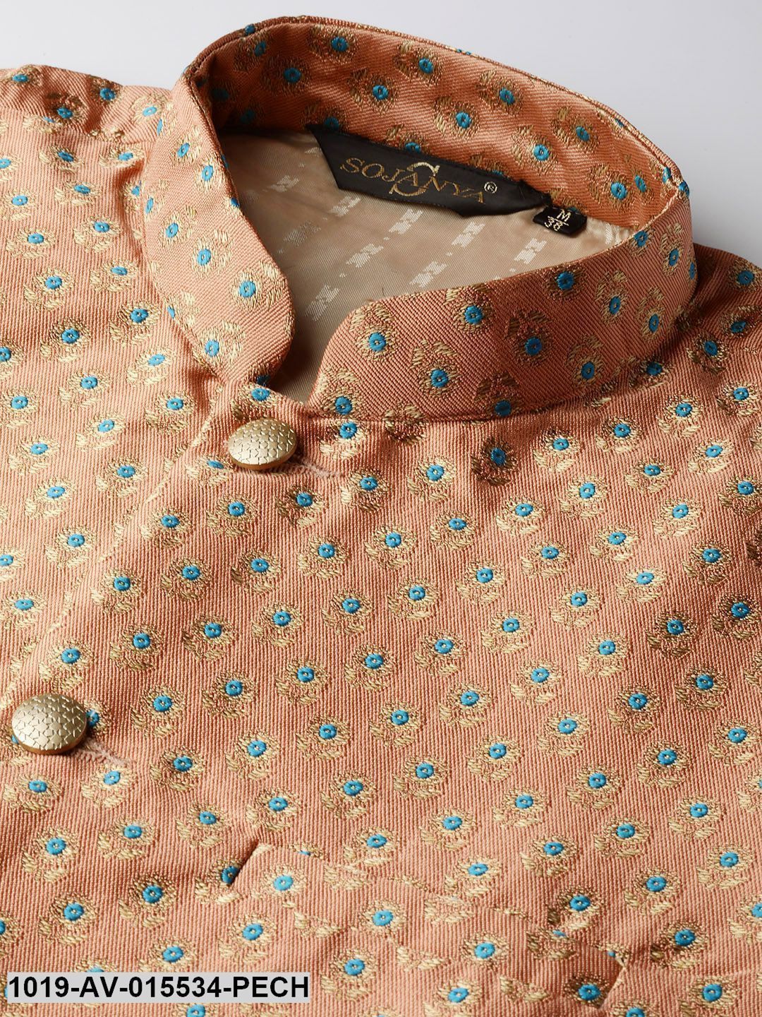 Men's Silk Blend Peach & Multi Color Self Design Nehru Jacket