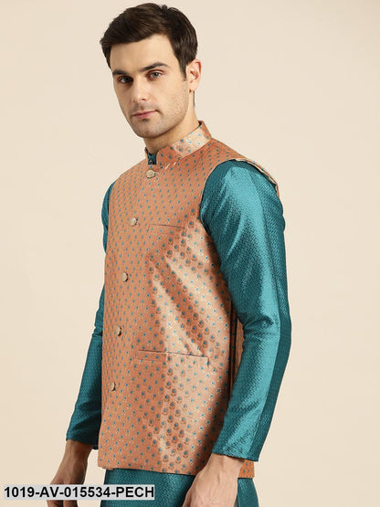 Men's Silk Blend Peach & Multi Color Self Design Nehru Jacket