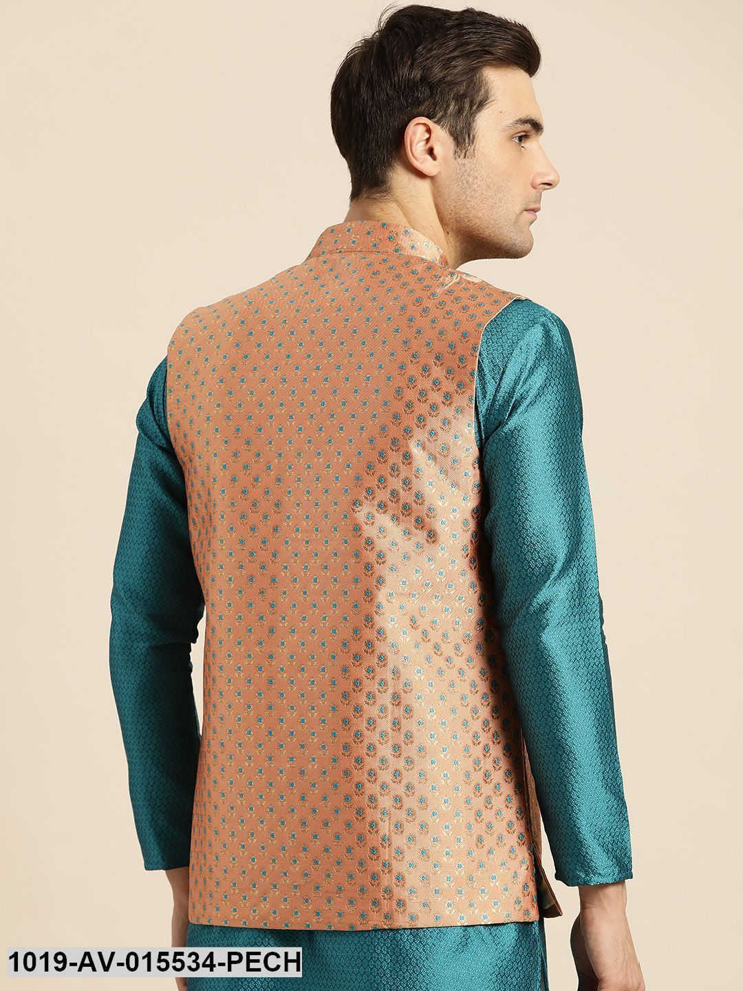 Men's Silk Blend Peach & Multi Color Self Design Nehru Jacket