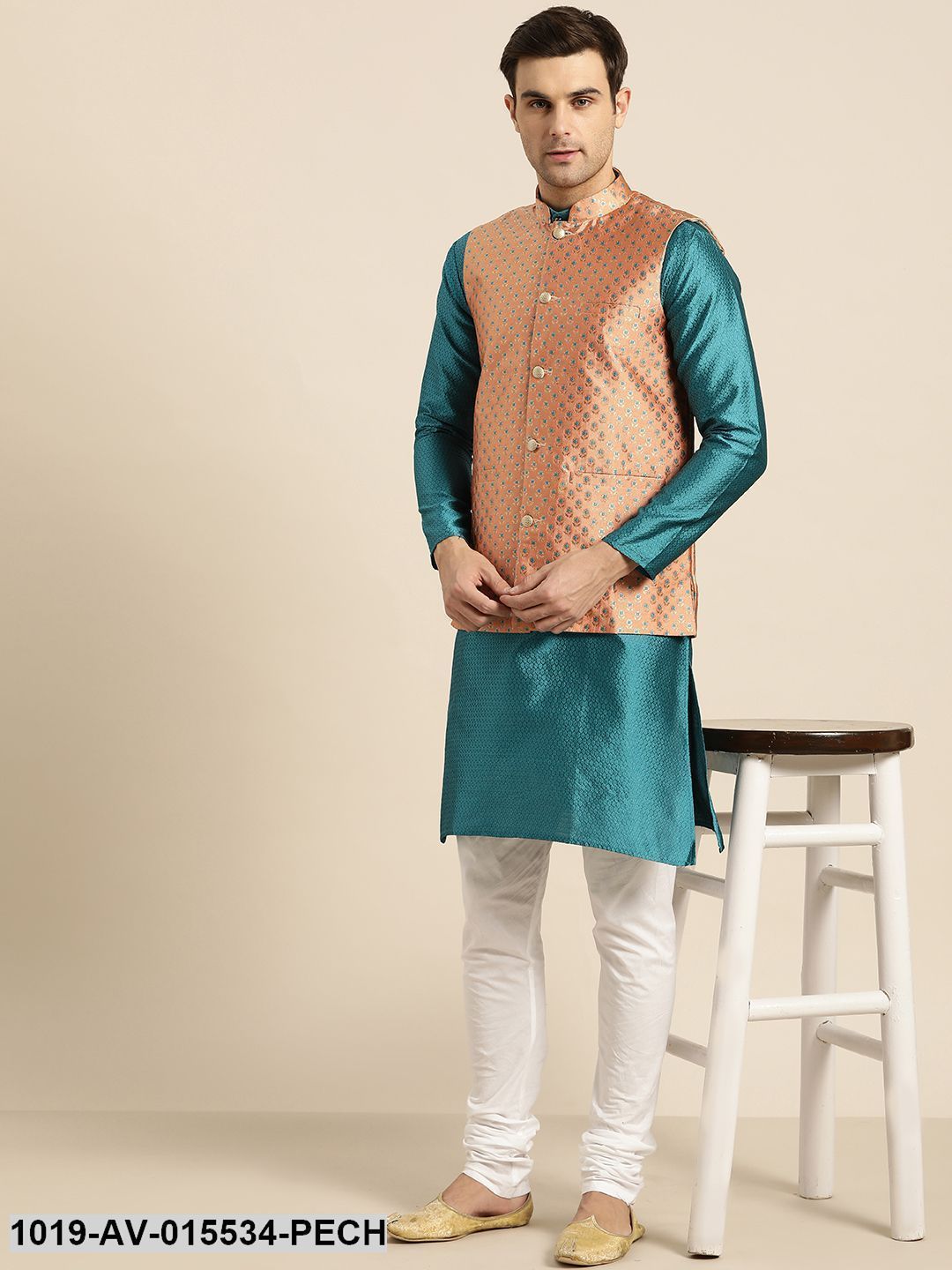 Men's Silk Blend Peach & Multi Color Self Design Nehru Jacket