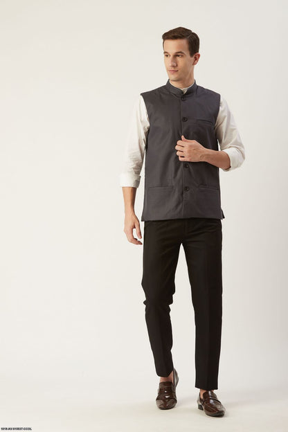 Men's Cotton Blend Charcoal Grey Solid Nehru Jacket