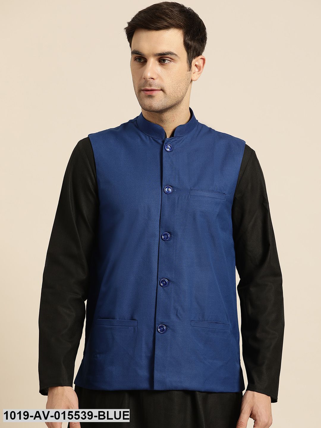 Men's Cotton Blend Royal Blue Solid Nehru Jacket