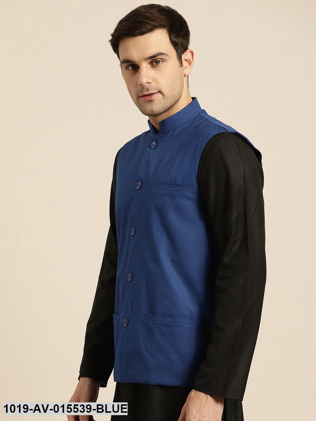 Men's Cotton Blend Royal Blue Solid Nehru Jacket