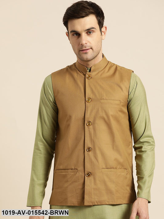 Men's Cotton Blend Brown Solid Nehru Jacket