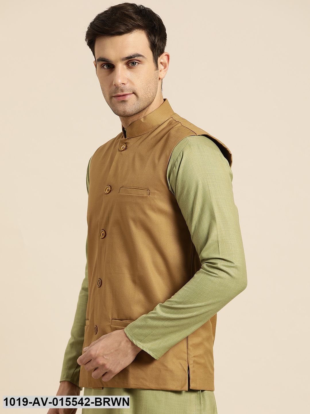 Men's Cotton Blend Brown Solid Nehru Jacket