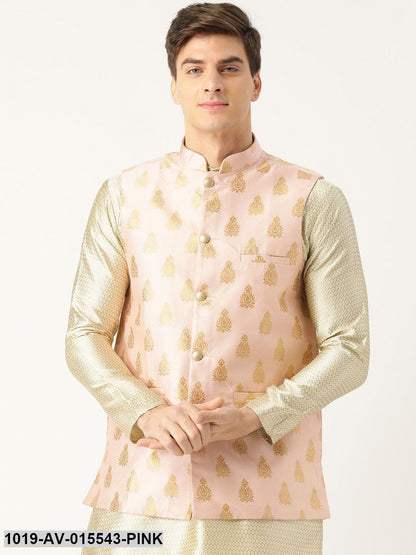 Men's Silk Blend Pink & Gold Self Design Nehru Jacket