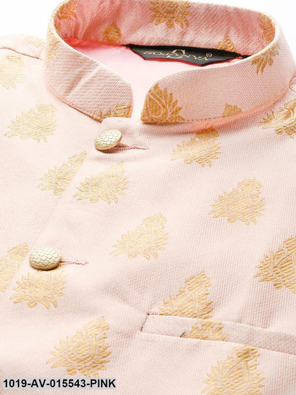 Men's Silk Blend Pink & Gold Self Design Nehru Jacket