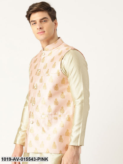 Men's Silk Blend Pink & Gold Self Design Nehru Jacket