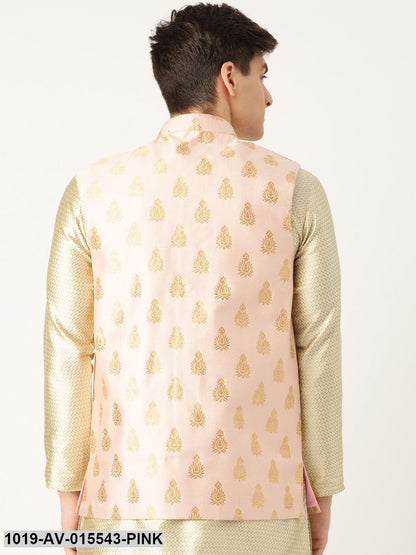 Men's Silk Blend Pink & Gold Self Design Nehru Jacket