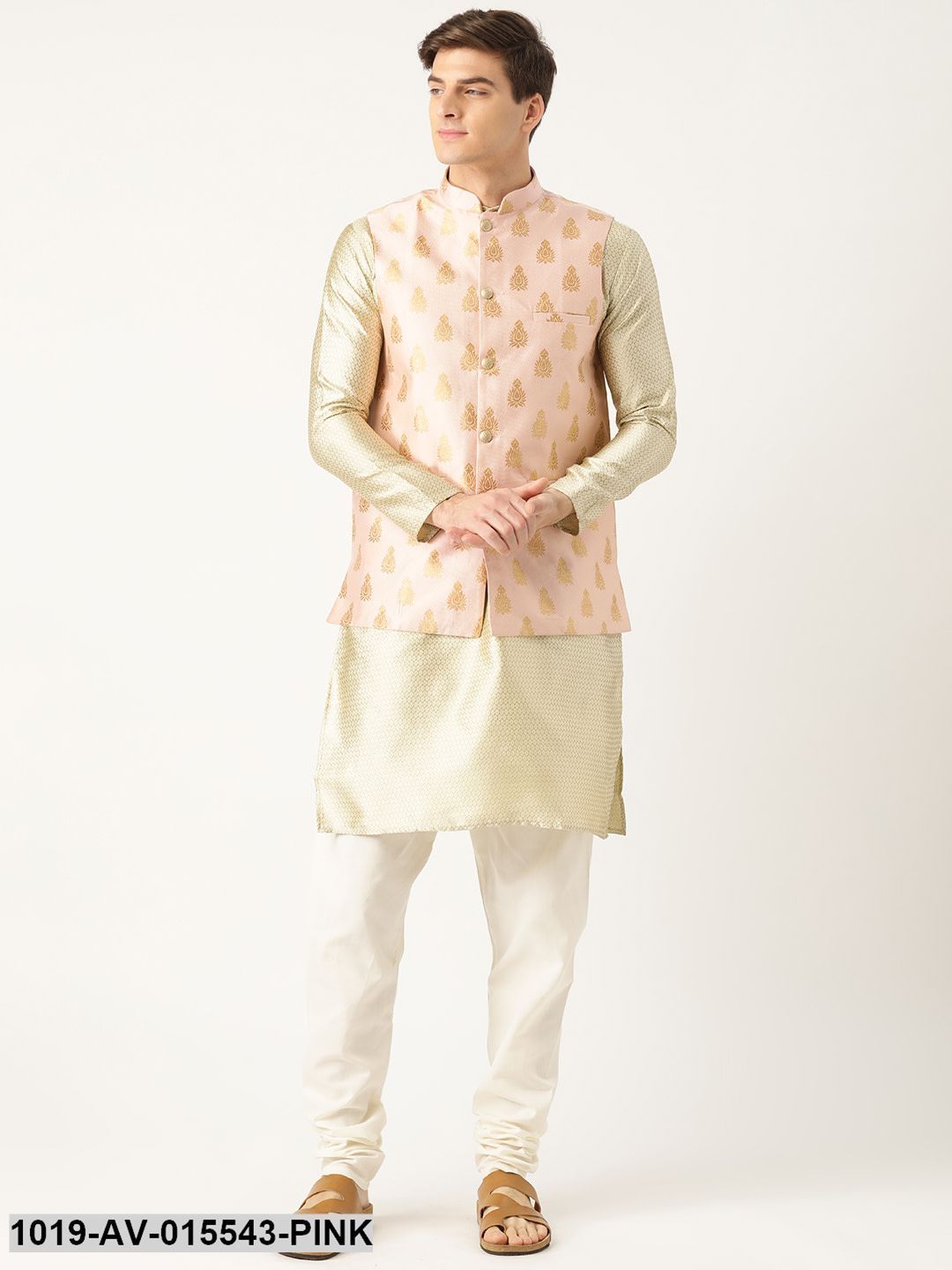 Men's Silk Blend Pink & Gold Self Design Nehru Jacket