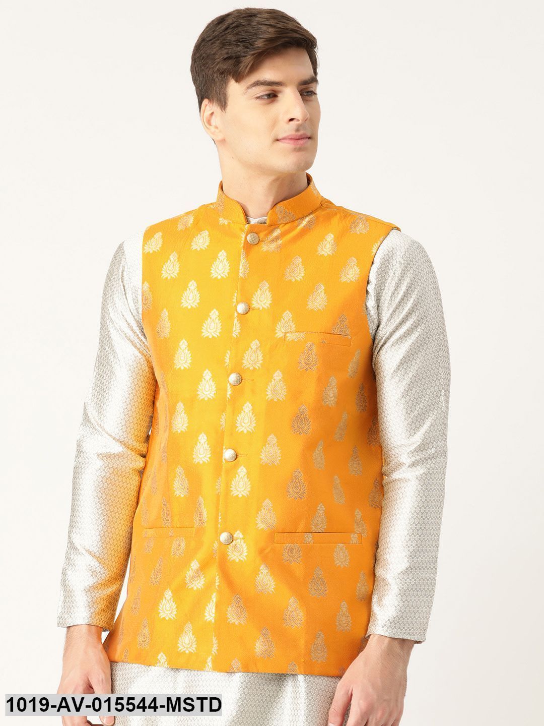 Men's Silk Blend Mustard & Gold Self Design Nehru Jacket